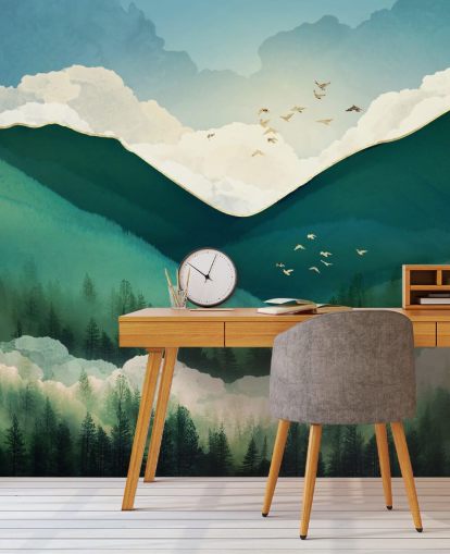 paisagem abstrata verde, branca e dourada de montanhas enevoadas papel de parede