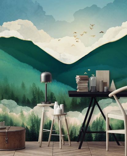 fondo de pantalla de paisaje abstracto verde, blanco y dorado de montañas brumosas