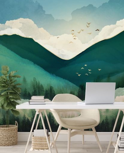 green, white and gold abstract landscape of misty mountains wallpaper