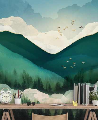 fondo de pantalla de paisaje abstracto verde, blanco y dorado de montañas brumosas