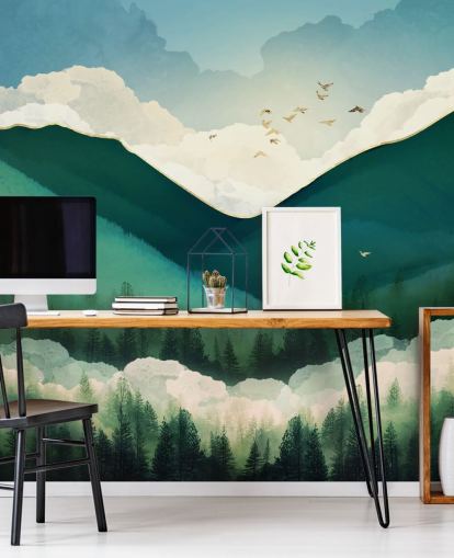 green, white and gold abstract landscape of misty mountains wallpaper