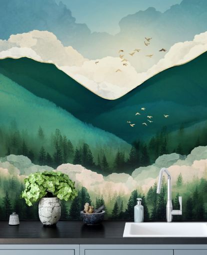 paysage abstrait vert, blanc et or de montagnes brumeuses papier peint