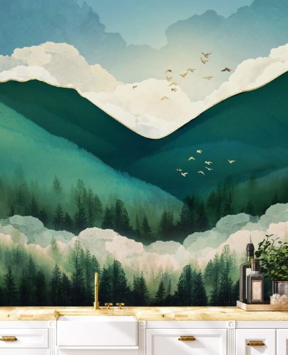 verde, bianco e oro astratto paesaggio di montagne nebbiose carta da parati