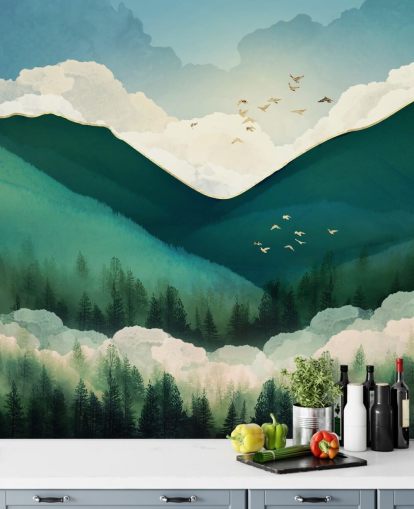 paisagem abstrata verde, branca e dourada de montanhas enevoadas papel de parede