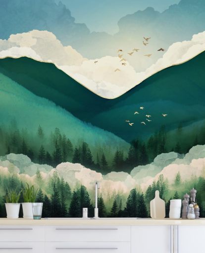 groen, wit en goud abstract landschap van mistige bergen behang groen, wit en goud abstract landschap van mistige bergen behang