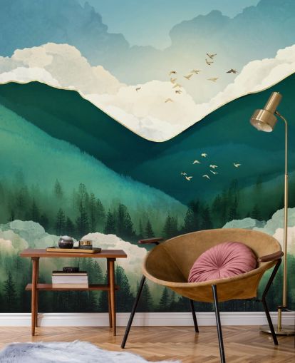 green, white and gold abstract landscape of misty mountains wallpaper