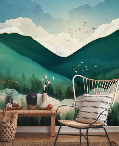 fondo de pantalla de paisaje abstracto verde, blanco y dorado de montañas brumosas