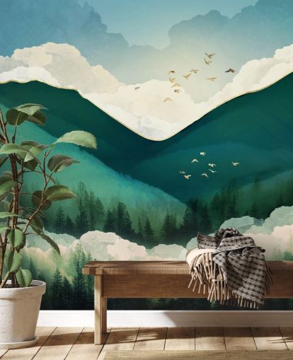 paysage abstrait vert, blanc et or de montagnes brumeuses papier peint