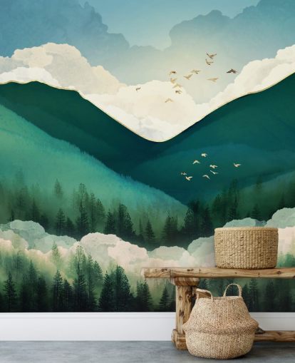 green, white and gold abstract landscape of misty mountains wallpaper