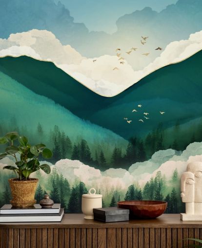 fondo de pantalla de paisaje abstracto verde, blanco y dorado de montañas brumosas