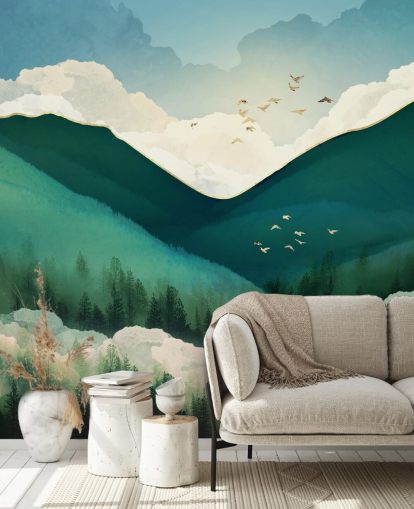 verde, bianco e oro astratto paesaggio di montagne nebbiose carta da parati