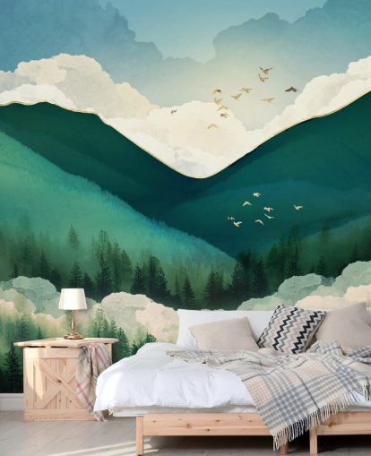 groen, wit en goud abstract landschap van mistige bergen behang groen, wit en goud abstract landschap van mistige bergen behang