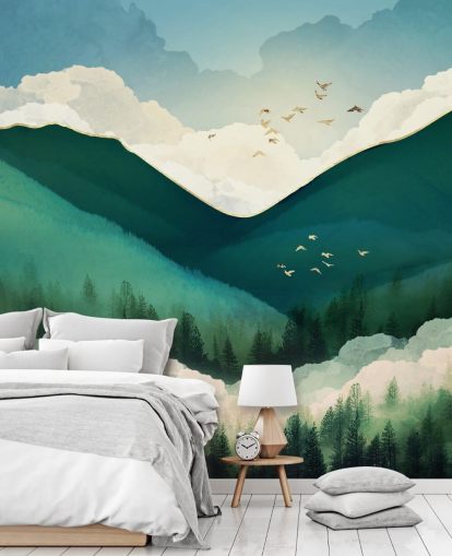 verde, bianco e oro astratto paesaggio di montagne nebbiose carta da parati