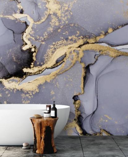 blauwe en gouden aquarelbehangmuurschildering genaamd Blue with Gold Watercolour voor slaapkamers, badkamers en keukens