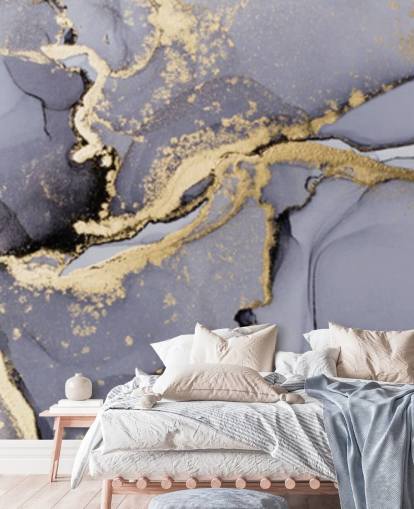 blue and gold watercolor wallpaper mural called Blue with Gold Watercolor for bedrooms, bathrooms and kitchens