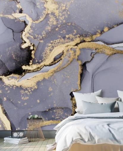 blauwe en gouden aquarelbehangmuurschildering genaamd Blue with Gold Watercolour voor slaapkamers, badkamers en keukens