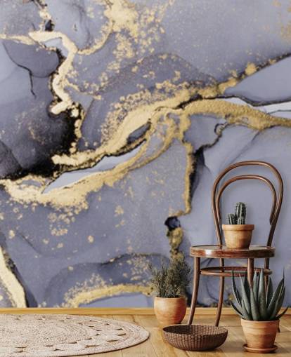 blue and gold watercolor wallpaper mural called Blue with Gold Watercolor for bedrooms, bathrooms and kitchens