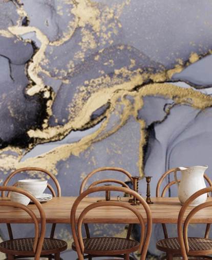 mural de papel de parede em aquarela azul e dourado chamado Blue with Gold Watercolour para quartos, banheiros e cozinhas