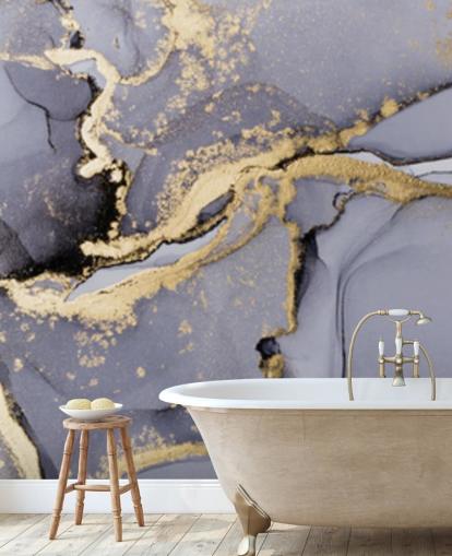 blue and gold watercolour wallpaper mural called Blue with Gold Watercolour for bedrooms, bathrooms and kitchens