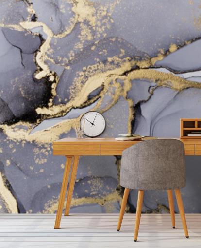 sininen ja kultainen vesiväritapetti seinämaalaus nimeltä Blue with Gold Watercolor makuuhuoneisiin, kylpyhuoneisiin ja keittiöihin