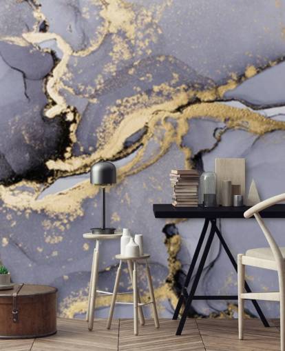 mural de papel de parede em aquarela azul e dourado chamado Blue with Gold Watercolour para quartos, banheiros e cozinhas