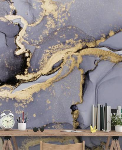 blue and gold watercolor wallpaper mural called Blue with Gold Watercolor for bedrooms, bathrooms and kitchens