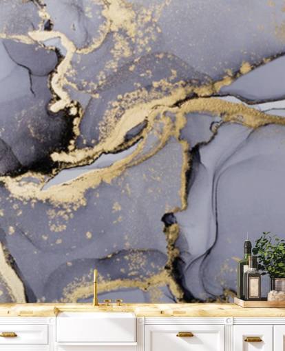 sininen ja kultainen vesiväritapetti seinämaalaus nimeltä Blue with Gold Watercolor makuuhuoneisiin, kylpyhuoneisiin ja keittiöihin