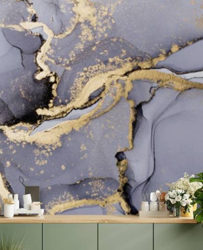 blauwe en gouden aquarelbehangmuurschildering genaamd Blue with Gold Watercolour voor slaapkamers, badkamers en keukens