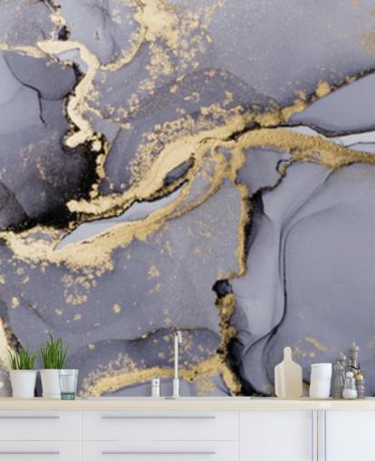 sininen ja kultainen vesiväritapetti seinämaalaus nimeltä Blue with Gold Watercolor makuuhuoneisiin, kylpyhuoneisiin ja keittiöihin