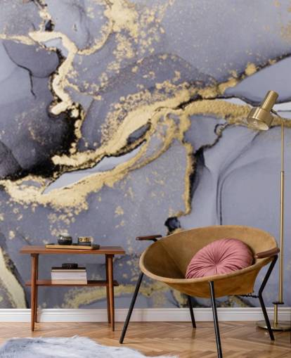 blue and gold watercolor wallpaper mural called Blue with Gold Watercolor for bedrooms, bathrooms and kitchens