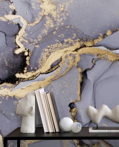 blauwe en gouden aquarelbehangmuurschildering genaamd Blue with Gold Watercolour voor slaapkamers, badkamers en keukens