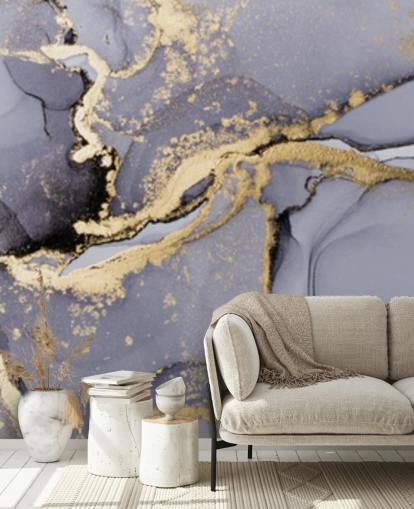 blauwe en gouden aquarelbehangmuurschildering genaamd Blue with Gold Watercolour voor slaapkamers, badkamers en keukens