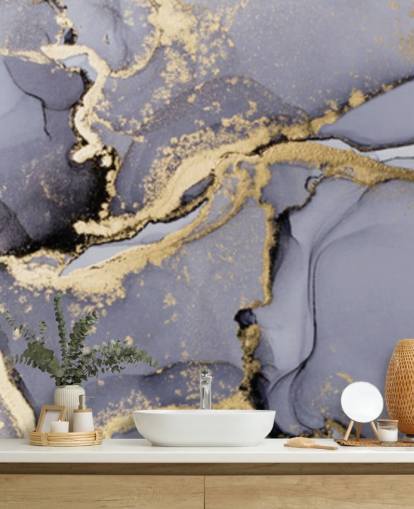 blue and gold watercolour wallpaper mural called Blue with Gold Watercolour for bedrooms, bathrooms and kitchens