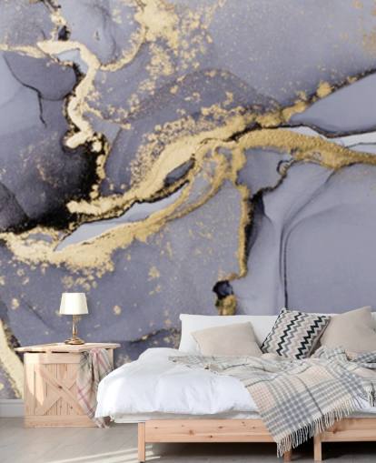 mural de papel de parede em aquarela azul e dourado chamado Blue with Gold Watercolour para quartos, banheiros e cozinhas