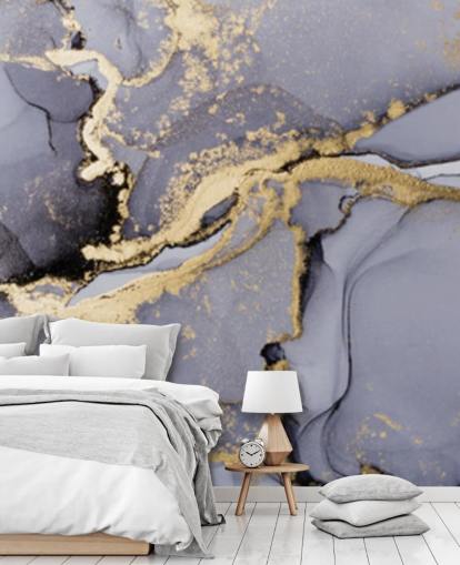 mural de papel de parede em aquarela azul e dourado chamado Blue with Gold Watercolour para quartos, banheiros e cozinhas