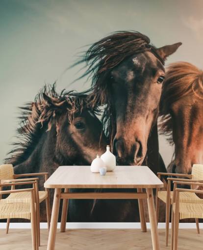 papel de parede fotográfico de três cavalos marrons