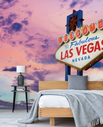 mural de papel de parede de las vegas personalizável rosa e azul chamado Welcome to Las Vegas Sign para escritórios domésticos, quartos e empresas