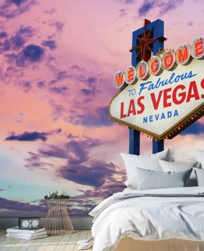 rosa og blått tilpassbart Las Vegas tapetmaleri kalt Welcome to Las Vegas Sign for hjemmekontorer, soverom og bedrifter