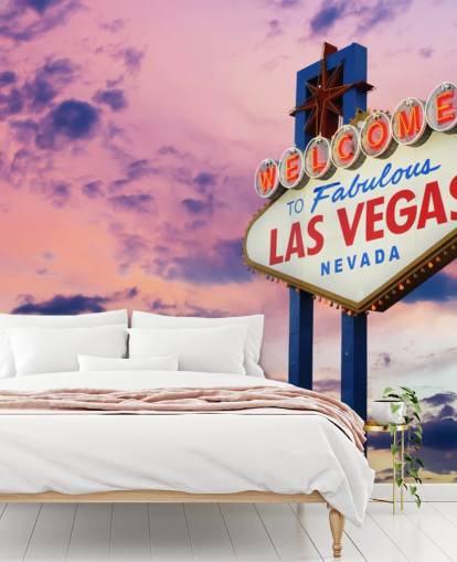 vaaleanpunainen ja sininen muokattava las vegas -taustakuvamaalaus nimeltä Welcome to Las Vegas Sign kotitoimistoihin, makuuhuoneisiin ja yrityksiin