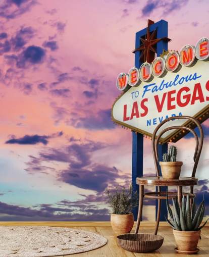 rosa og blått tilpassbart Las Vegas tapetmaleri kalt Welcome to Las Vegas Sign for hjemmekontorer, soverom og bedrifter