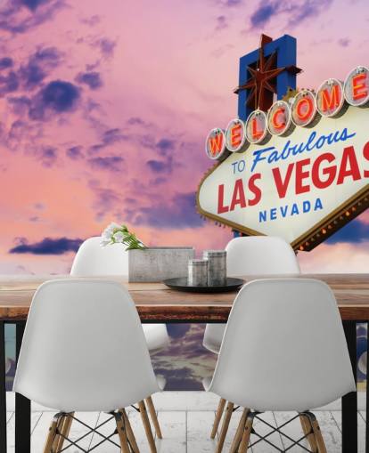 rosa og blått tilpassbart Las Vegas tapetmaleri kalt Welcome to Las Vegas Sign for hjemmekontorer, soverom og bedrifter