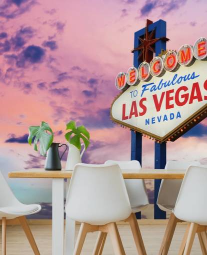 pink and blue customisable las vegas wallpaper mural called Welcome to Las Vegas Sign for home offices, bedrooms and businesses