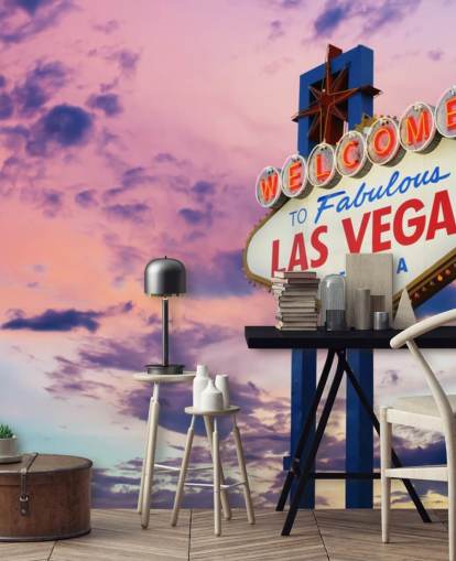 rosa och blå anpassningsbar las vegas tapetväggmålning kallad Welcome to Las Vegas Sign för hemmakontor, sovrum och företag
