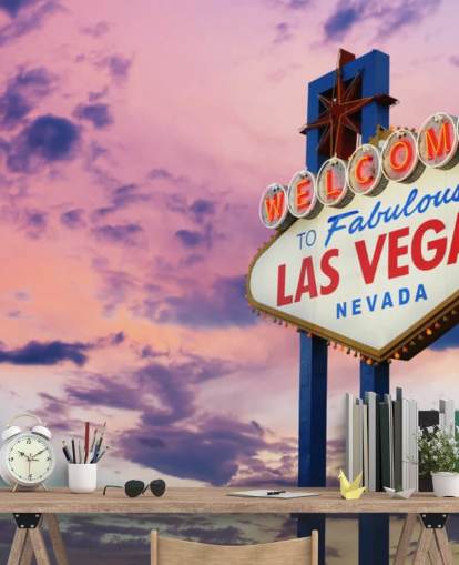 rosa och blå anpassningsbar las vegas tapetväggmålning kallad Welcome to Las Vegas Sign för hemmakontor, sovrum och företag