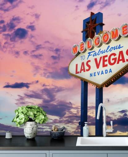 pink and blue customizable las vegas wallpaper mural called Welcome to Las Vegas Sign for home offices, bedrooms and businesses