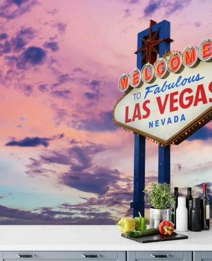 pink and blue customizable las vegas wallpaper mural called Welcome to Las Vegas Sign for home offices, bedrooms and businesses