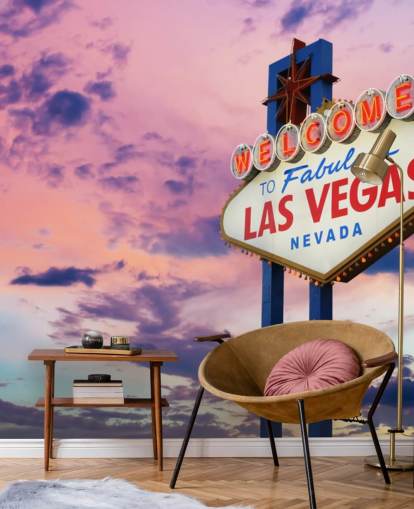 pink and blue customisable las vegas wallpaper mural called Welcome to Las Vegas Sign for home offices, bedrooms and businesses