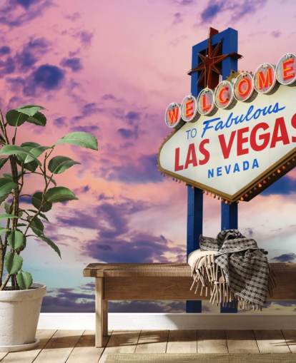 rosa och blå anpassningsbar las vegas tapetväggmålning kallad Welcome to Las Vegas Sign för hemmakontor, sovrum och företag