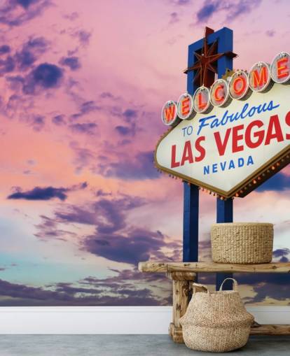 mural de papel de parede de las vegas personalizável rosa e azul chamado Welcome to Las Vegas Sign para escritórios domésticos, quartos e empresas