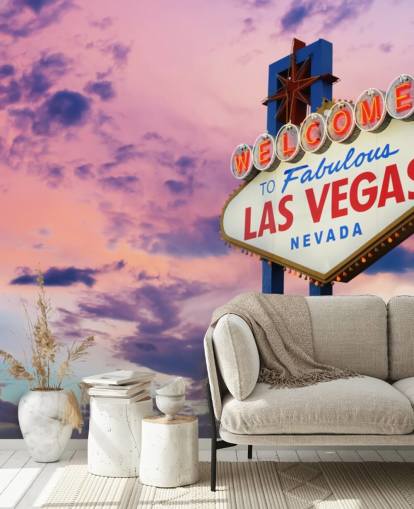 pink and blue customizable las vegas wallpaper mural called Welcome to Las Vegas Sign for home offices, bedrooms and businesses